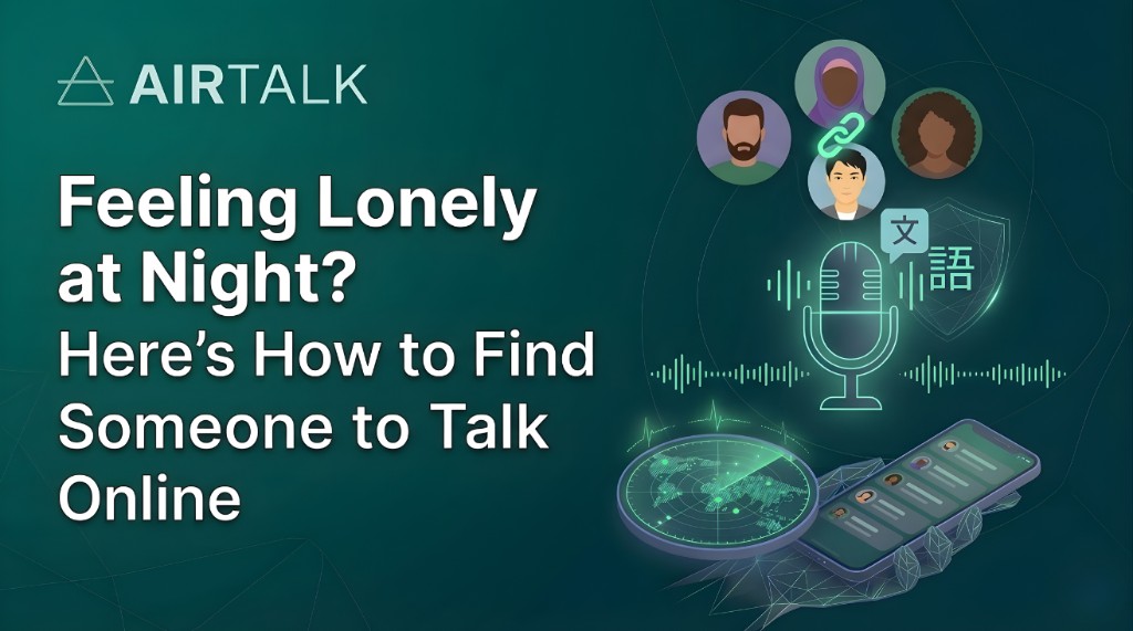 Feeling Lonely at Night - How to Find Someone to Talk To Online with microphone and global connection illustrations