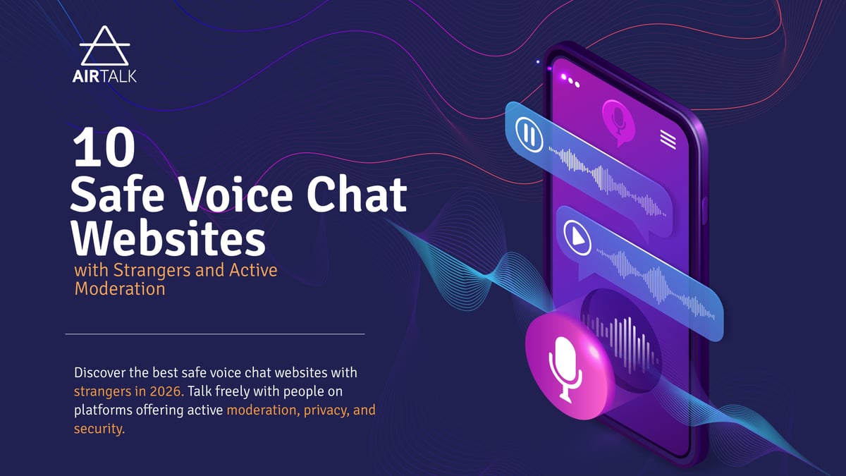 Promotional banner showing safe voice chat websites with strangers featuring AirTALK logo and voice chat interface