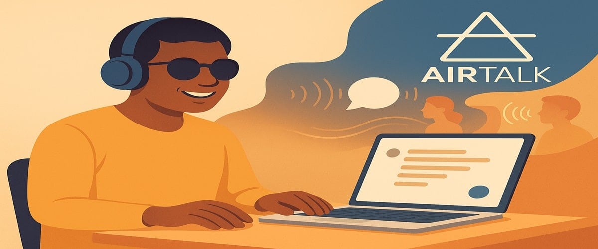 Visually impaired person using a voice chat app on a smartphone