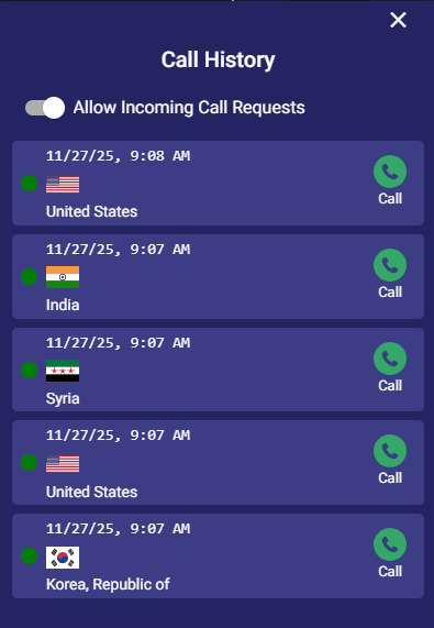 Call history showing recent conversations for reconnection